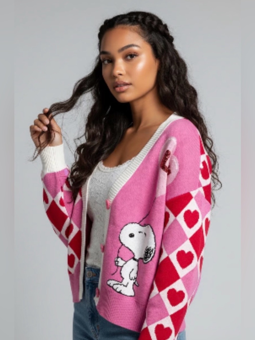 Peanuts | Women’s Pink/Red/White Snoopy ‘LUV’ Balloon 3-Heart Button Cardigan S